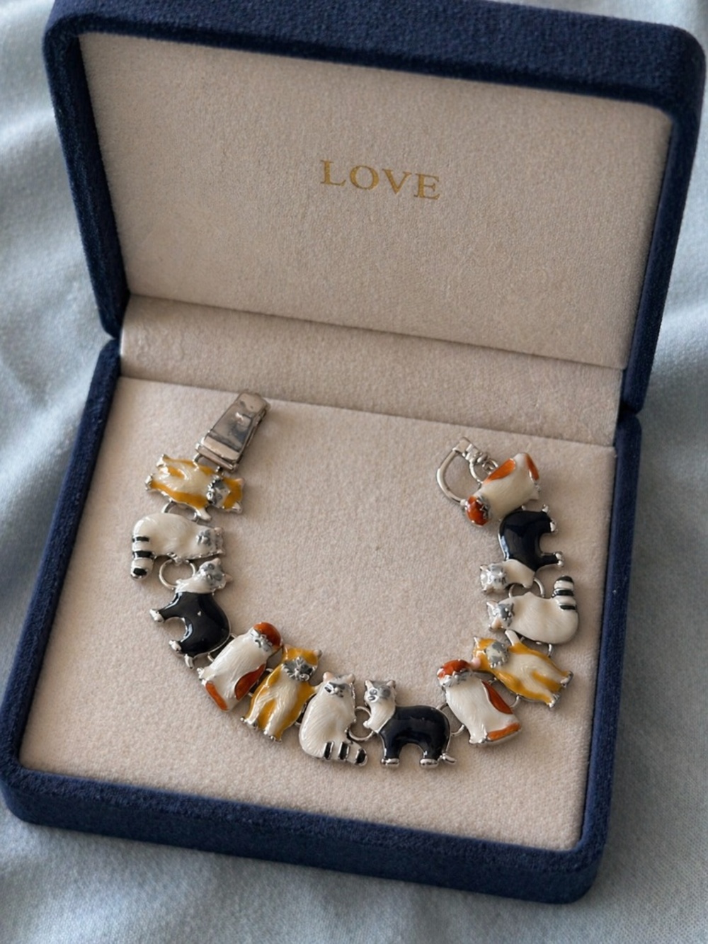 Silver Tone Enamel Black, Brown & White Cat Bracelet for All Age Animal Lovers